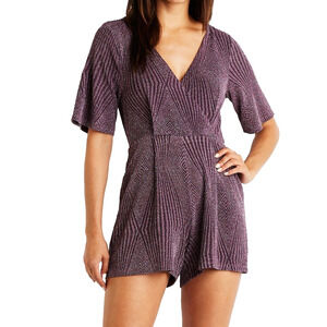 Charlotte Russe Women's Romper Glitter Metallic Lined Short Sleeve Size S Purple